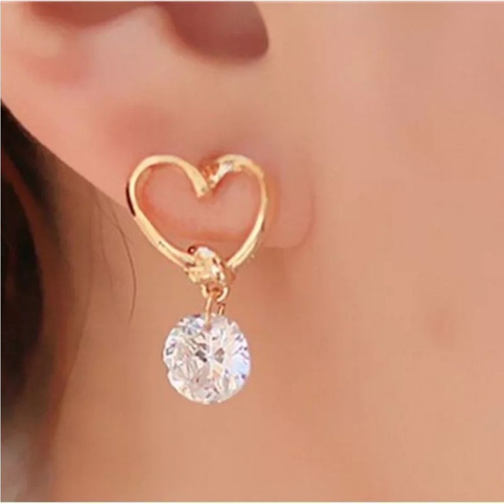 Gold Heart Dangle Diamond Zirconia Earrings New In Gift Box